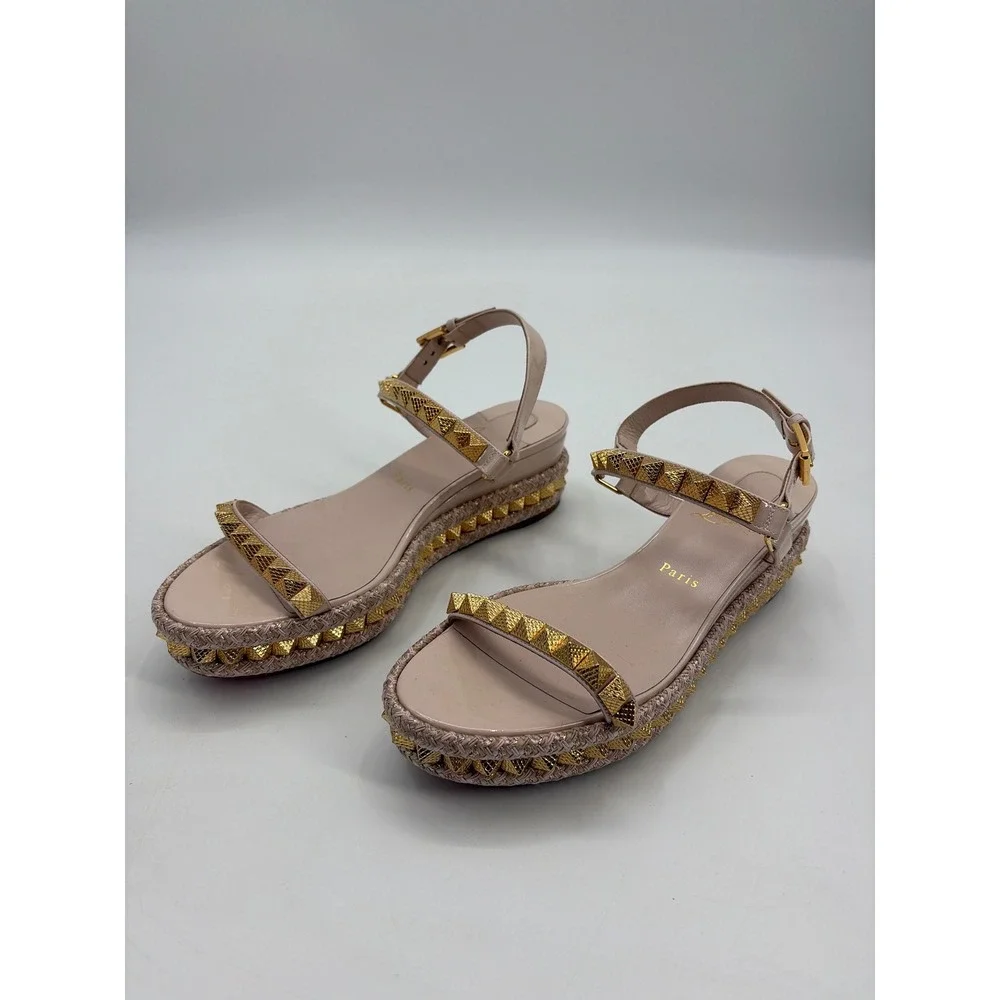 Christian Louboutin Pyraclou 60mm Espadrille Nude Patent Studded Sandals 40
